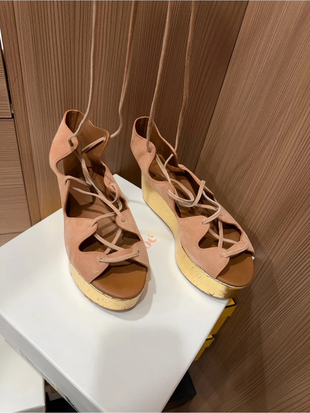 See by Chloé Pink Suede Lace Up Platform Wedge Sandals Gold Wedge Size 38